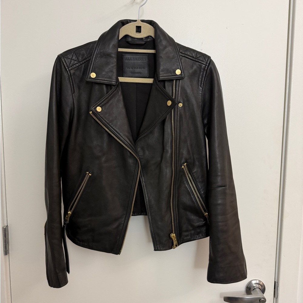 All Saints Black Leather Biker Jacket with Gold Hardware